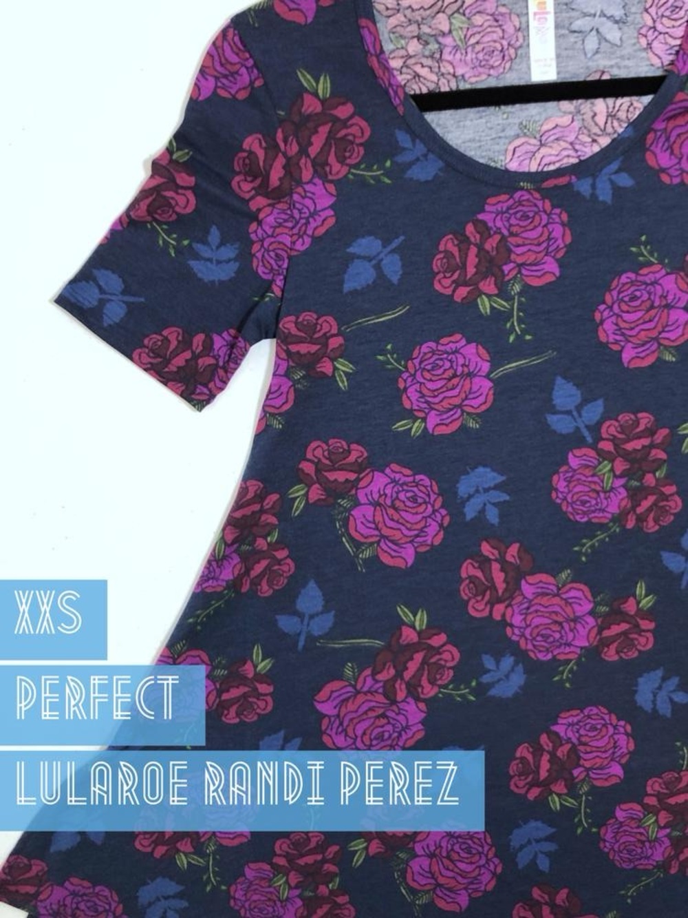 LuLaRoe Navy Short Sleeve Perfect Tee with Pink & Purple Rose Print